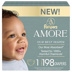 Pampers Amore, Size 1 (8-14 lbs), 198 Count, Our Best Diaper – Hypoallergenic & Fragrance Free, Up to 100% Leakproof, Soft as Cashmere