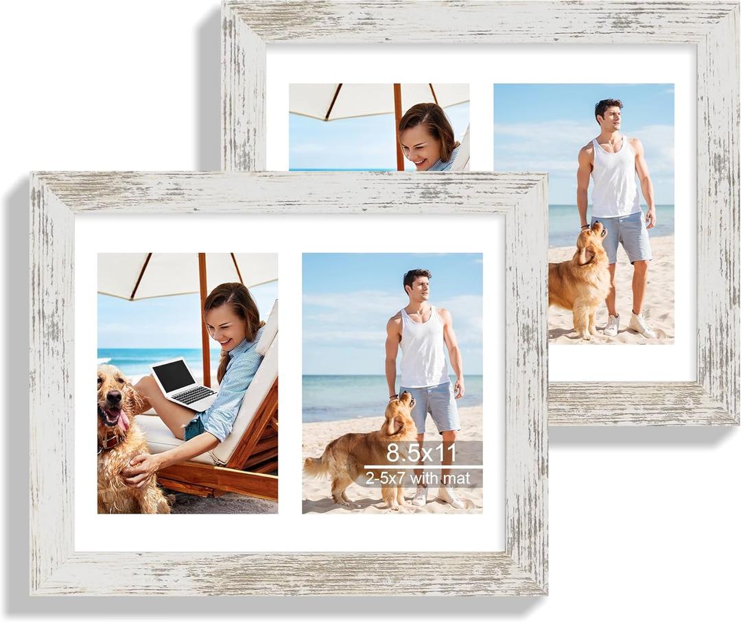 Hongkee 8.5x11 Picture Frame Set of 2, Distressed White Certificate Document Frames with Glass Collage Frame, Display Pictures Two 5x7 With Mat or 8.5 x 11 Without Mat, Photo Frames Wall Gallery