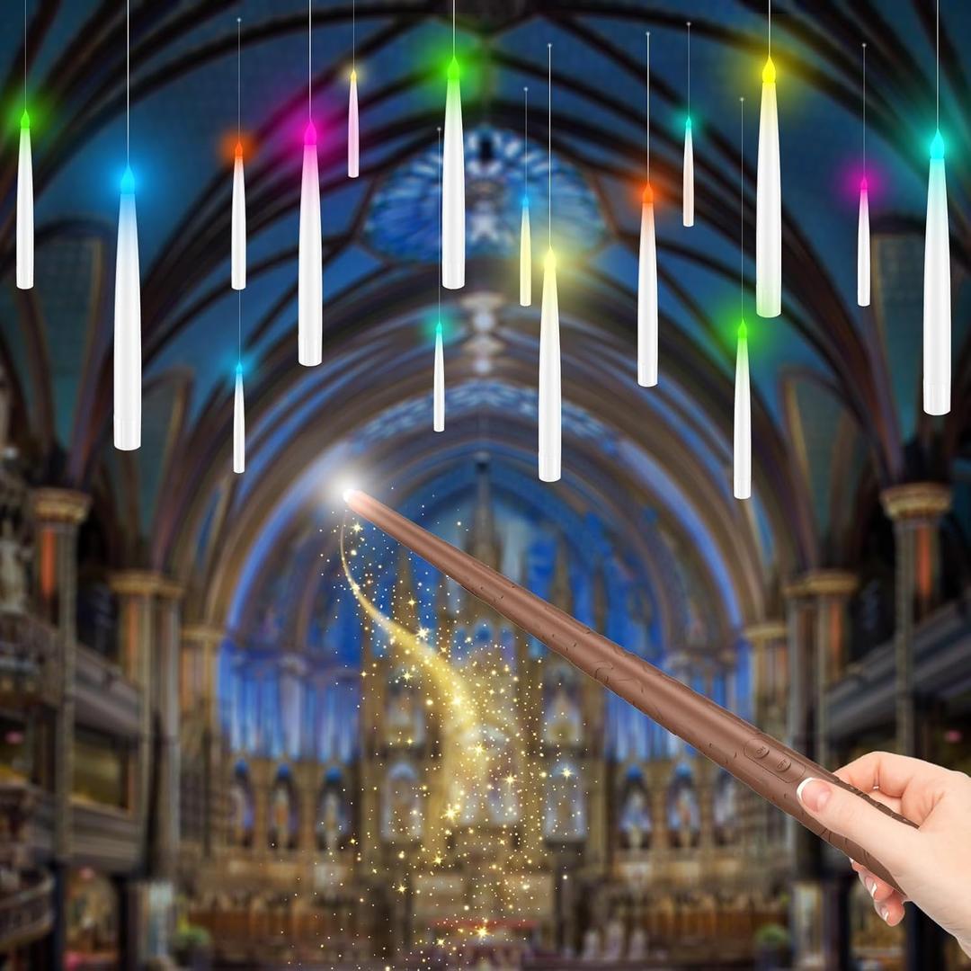 Color Changing Floating Candles with Magic Wand Remote, Holiday Decorations Magical Hanging Candles, 12Pcs Flameless Taper Candle with Multi-Color Battery Operated Window Candles for Party Theme Decor