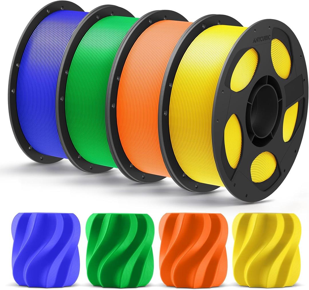 ANYCUBIC PLA Plus (PLA+), 3D Printer Filament 1.75mm Bundle, High Toughness, Dimensional Accuracy +/- 0.02mm, 4 Pack 1KG Reusable Spool, Blue, Green, Orange, Yellow
