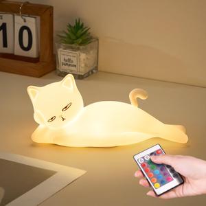 Lying Flat Cat Night Light, 16 Colors+5 Dimming+Silicone Cute Lamp, Touch+Remote Control Cat Lamp, Rechargeable Night Light,Fun & Cool Weird Stuff Random Stuff, White Elephant Gifts for Adults, Kids
