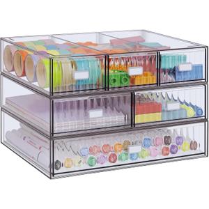 3 Tier Stackable Desk Organizer with 6 Drawers, YOCOMEY Plastic Desktop Storage Box Drawers, Detachable Makeup Storage Office Stationery Supplies Organizer for Office School(Clear)