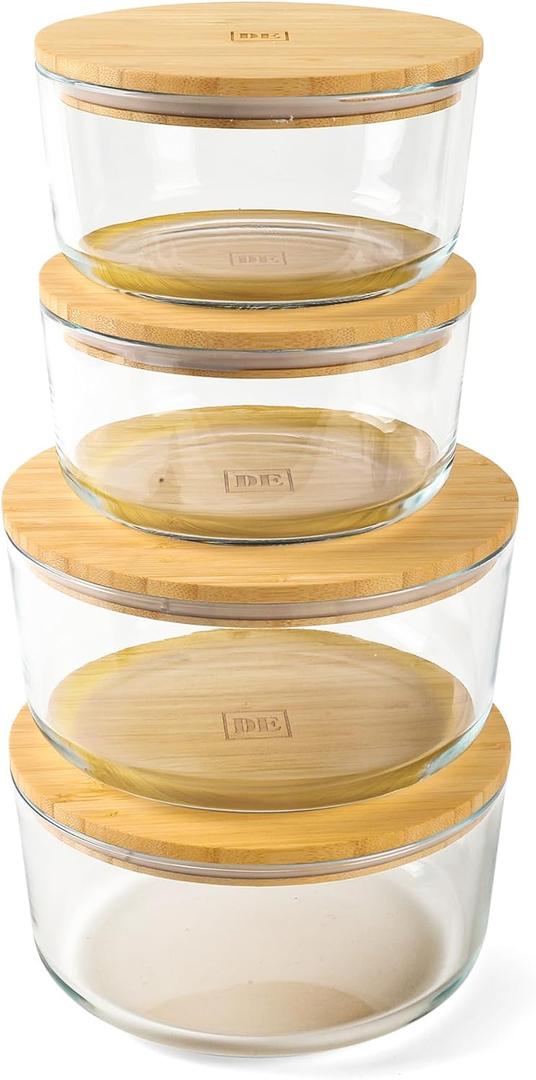 DE Glass Food Storage Containers with Bamboo Lids  4 Pack Round (2x33oz + 2x60oz)  BPA-Free Borosilicate Glass Meal Prep Containers  Plastic-Free, Oven, Microwave, Freezer Safe