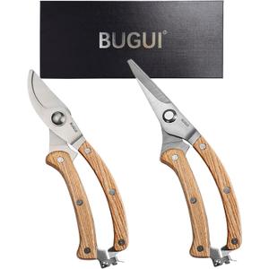 BUGUI 8 Wood Handle Garden Scissors, Set of 2, Includes Bypass Pruning Shears and Long Straight Tip Clippers, Premium Gardening Tools with Precision-Ground SK-5 Steel Blade