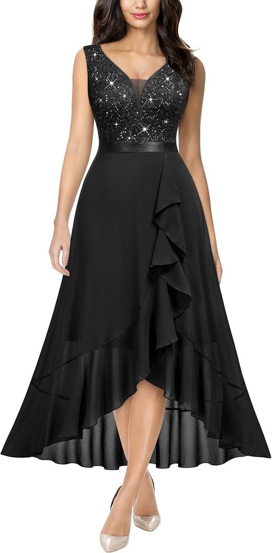 Miusol Women's Vintage V-Neck Sleeveless Sequined Floral Lace Ruffle Split Evening Party Dress XL