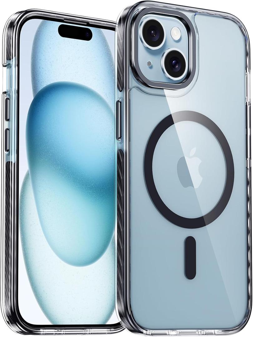 FNTCASE for iPhone 15 Magnet Case: for iPhone 14 Case | Magnetic Shockproof Clear Protective Cell Phone Cover | Rugged Drop Protector with Built-in Anti-Collision Tape & Metal Button Design (Black) (Dark Black)