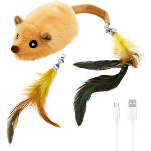 Interactive Cat Toy Mouse, Feather Bell Tail, Realistic Mouse Sounds, Moving Electric Cat Toys Mice Rechargeable with LED Light for Home Pet (Yellow)