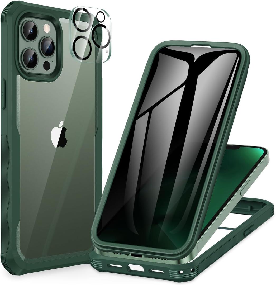 CENHUFO for iPhone 13 Pro Max Case, Privacy Phone Cover with Built-in Anti Peep Tempered Glass Privacy Screen Protector and Camera Protective, Full Body Shockproof Spy Clear Double Bumper - Green