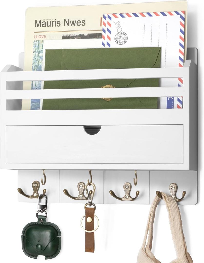 Rebee Vision Decorative Mail Organizer Wall Mount - Modern Key and Mail Holder for Wall with Drawer Organizer and 7 Key Hooks - Wall Decor Living Room for Apartment Essentials (White)