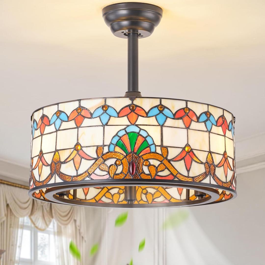 20" Antique Tiffany Fandelier Ceiling Fan with Lights, Traditional Stained Glass Black Chandelier Ceiling Fans, Remote Control Bladeless with 6 Speeds for Bedroom, Living Room