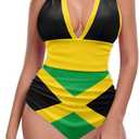 Flags Pattern Women Halter One-Piece Swimsuit, Deep V Neck Slimming Tummy Control Bathing Suits (Large, Jamaica Flag - 2)