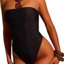 WDIRARA Women's One Piece Swimsuit Strapless Bandeau Bathing Suits Tummy Control Swimwear (Large, Black)