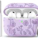 Lerobo for AirPods Pro 3 Case, Cute Floral Engraved Soft Silicone Cover with Keychain & Cleaner Kit Compatible with Apple AirPods Pro 3rd Generation Case 2025 for Women,Full Body Protection,Lavender