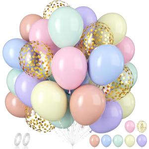 Pastel Balloons, 60 PCS Pastel Easter Balloons, 12 Inch Macaron Pink Blue Purple Green Yellow Orange Color Balloon Gold Confetti for Birthday Baby Shower Wedding Pastel Easter Party Decorations