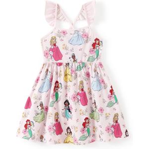 Disney Princess Minnie Mouse Frozen Elsa Girls Dress Ruffle Sleeveless Criss Cross Sundress Summer Clothes Baby to Toddler (4-5T, Princess,light Pink)