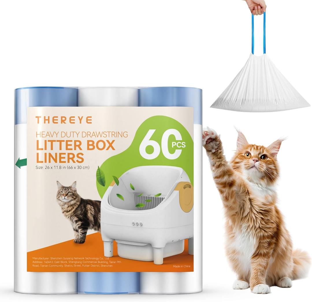Thereye Cat Litter Bags, 60 Counts Drawstring Replaceable Litter Box Liners for SC06/SC07/SC08 Automatic Cat Litter Box, Thick Heavy-Duty, Large-Capacity, 26"x 11.8"