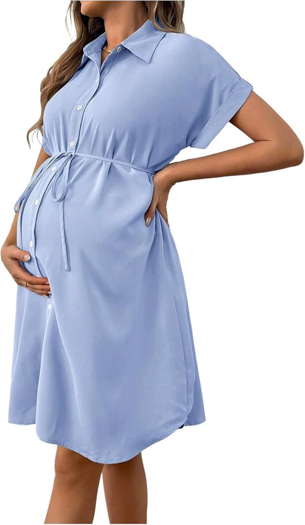 SweatyRocks Women's Maternity Dress Button Down Short Sleeve Tie Front Pregnancy Dresses (X-Large, Blue)