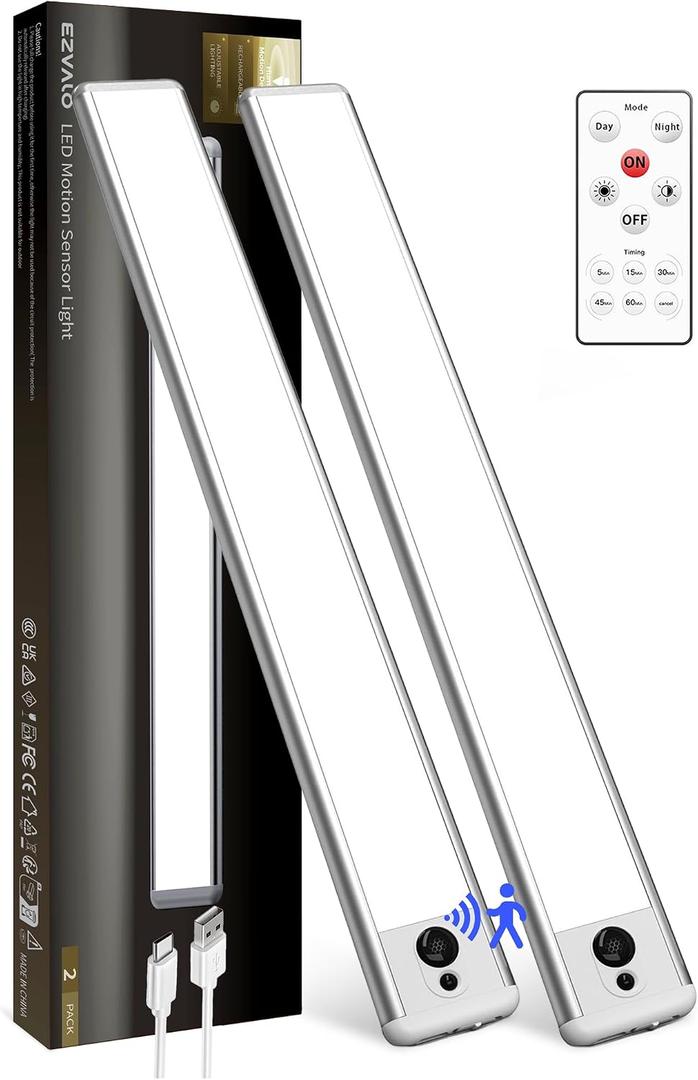 EZVALO 4000mAh Under Cabinet Lights, 14.5'' Motion Sensor Light Indoor Dimmable, LM 150 Rechargeable Closet Lights 5700K with Remote Control, Wireless Under Counter Light for Kitchen,Cabinet, 2Pack-14.5inch