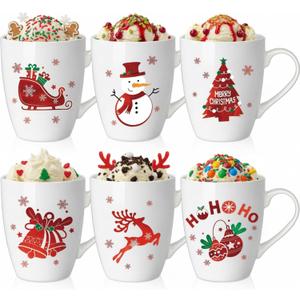 Shellwei 6 Pack Christmas Coffee Mugs 11 oz Holiday Ceramic Mugs Set Xmas Tea Cups with Handles Bulk Reusable Ceramic Coffee Cups for Women Men Teachers Appreciation Christmas Gifts (Cute)