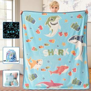 Goodhipi Glow in The Dark Shark Blanket, Gifts for Boys Girls 1 2 3 4 5 6 7 8 9 Year Old Toddler Boy Girl Toys Age 6-8 Blue Blanket Toy for Boys Shark Lovers Christmas Birthday Gifts Presents 50"× 60"