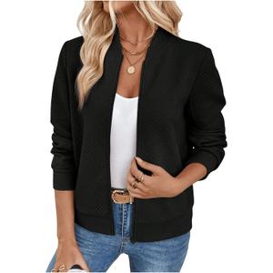 Verdusa Women's Zip Up Textured Lightweight Bomber Jacket Casual Long Sleeve Outerwear (Black)
