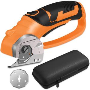 Cordless Electric Scissors, 4V Box Cutter & Cardboard Cutter with 2 Titanium Blades - Rotary Cutter with LED Light for Fabric, Leather, Carpet, Plastic, Crafting + Storage Case (Orange)