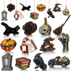 Maitys 36 Pcs Halloween Wood Ornaments for Tree Gothic Halloween Decorations Skull Black Cat Pumpkin Hanging Signs Witch Hats Finger Crow Wood Cutouts with Ropes for Home Small Tree Party Indoor Decor