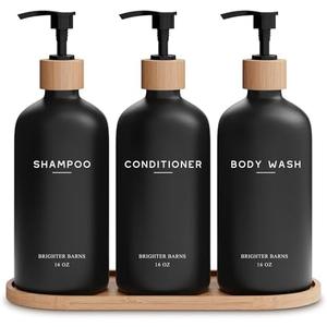 Black Shampoo and Conditioner Dispenser Set by Brighter Barns - Body Wash, Shampoo Dispenser for Shower with Pump - Refillable Plastic Shower Soap Dispenser for Bathroom Decor in Home, Airbnb (Black)