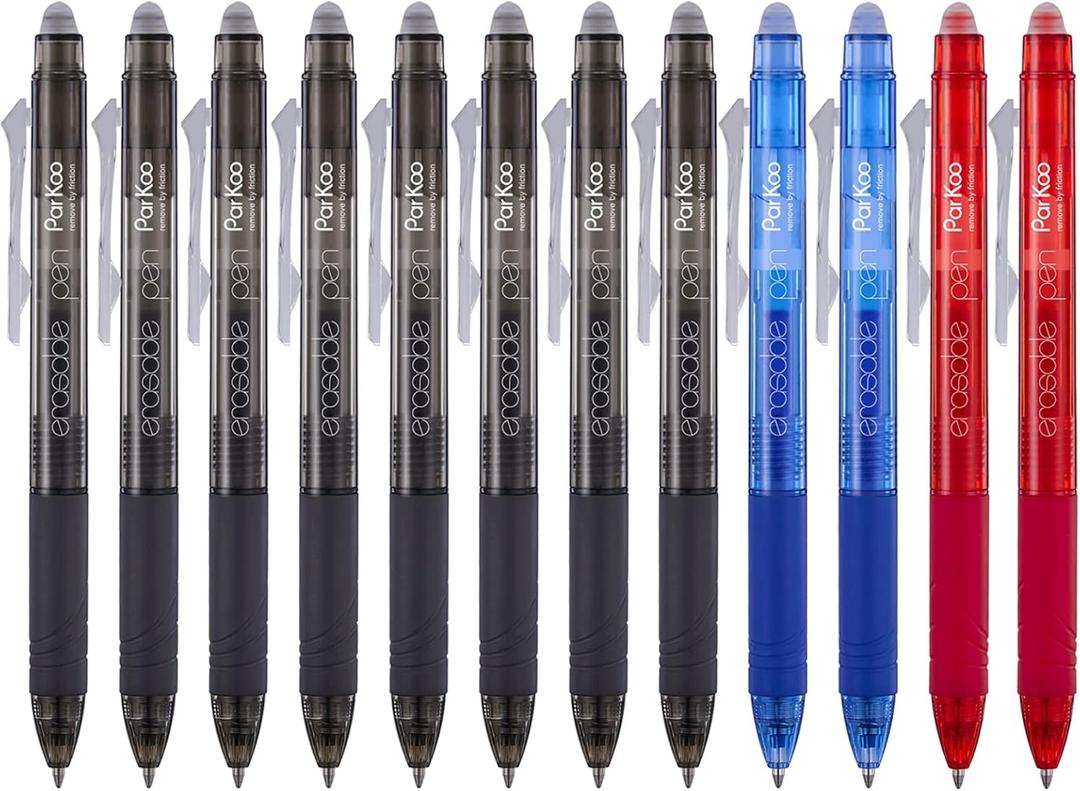 ParKoo Retractable Erasable Gel Pens Clicker Fine Point 0.7 mm, No Need for White Out, 8 Black/2 Blue/2 Red Ink for Completing Sudoku and Crossword Puzzles, 12-Pack (3 Colors)