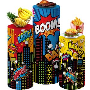 3 Pcs City Theme Hero Party Supplies Hero Cylinder Pedestal Stand Covers Spandex Plinth City Covers Cityscape Buildings Decor for Birthday Party Shower Props Decor