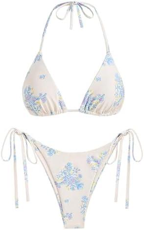 ZAFUL Bikini Sets for Women Halter Two Piece Swimsuit Ribbed High Cut Tie Side Thong Bathing Suit Sexy Padded Swimwear S