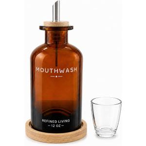 Mouthwash Dispenser for Bathroom, 12 OZ Refillable Glass Mouthwash Bottle with Cup and Bamboo Tray, Decorative Mouth Wash Dispenser Set for Bathroom (Amber)