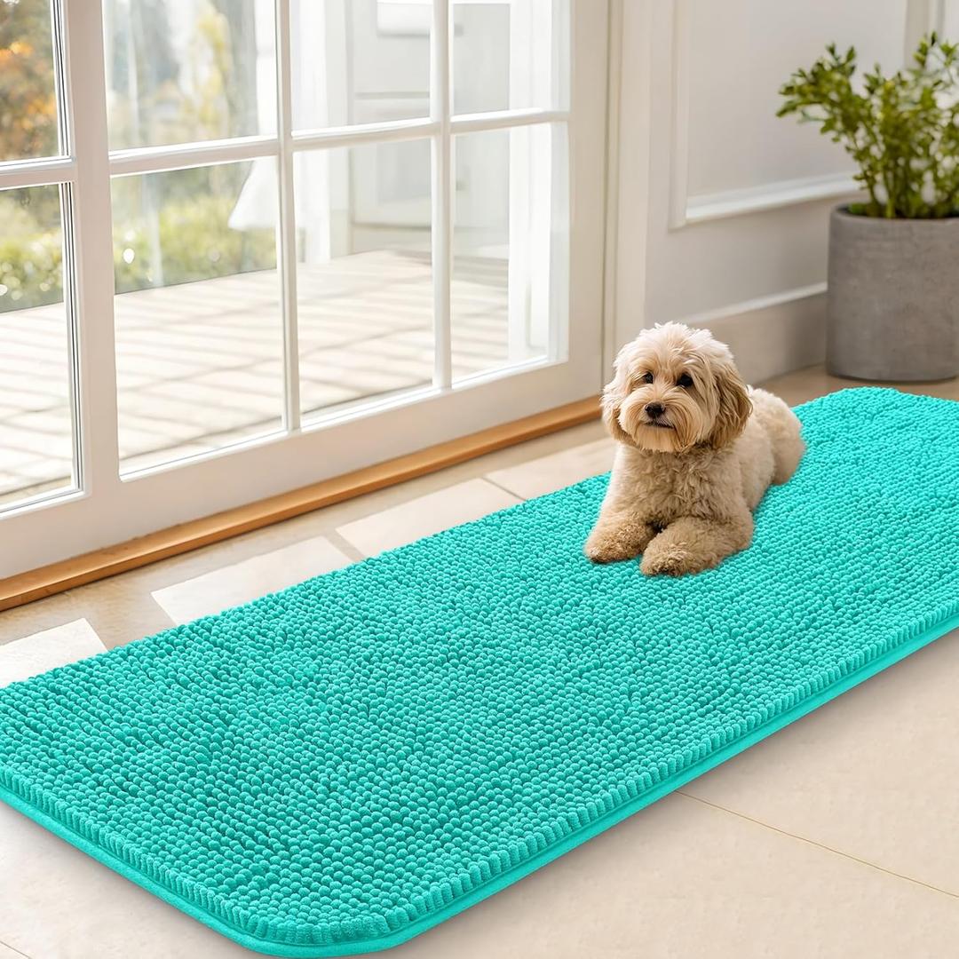 OLANLY Dog Door Mat for Muddy Paws 59x20, Super Absorbent Chenille Mud Mat | Teal, Absorbs Moisture and Dirt, Non-Slip Machine Washable Doormat, Quick-Drying Indoor Entryway Floor Carpet for Dogs