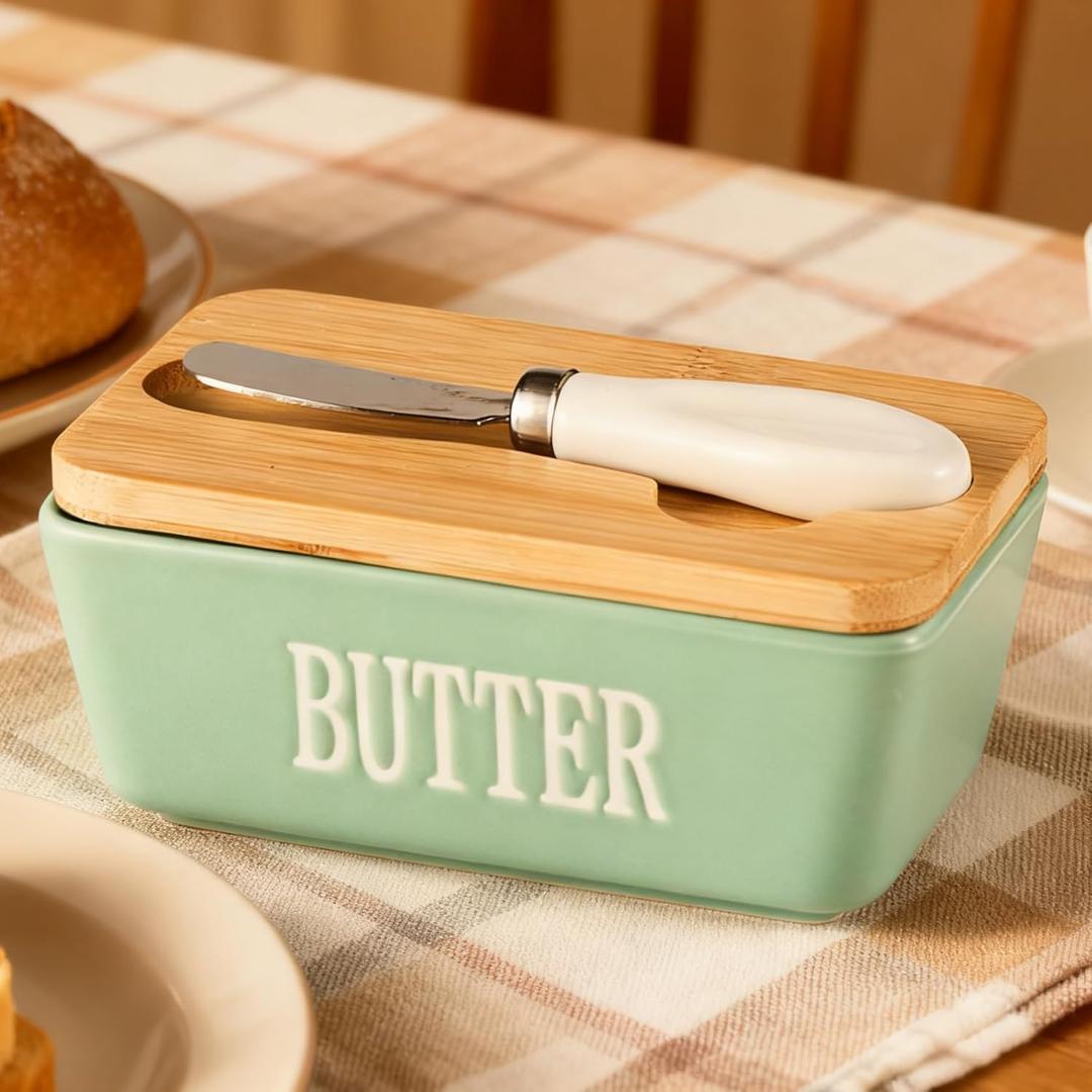 Ceramic Butter Dish with Lid and Knife, Butter Dish for Soft Butter, Butter Container with Double Silicone Sealing Wooden Lid for Kitchen Decor,Green, 11.8 OZ