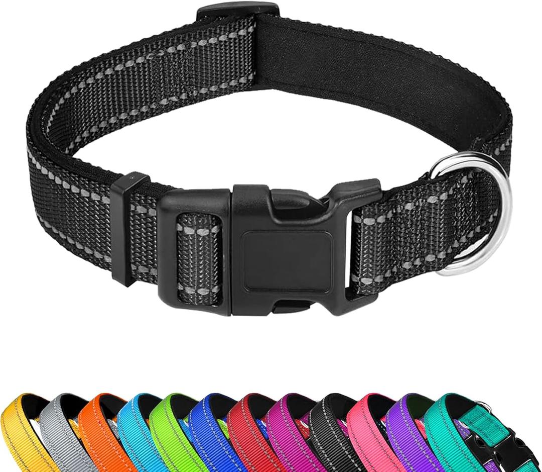 Reflective Dog Collar, Adjustable Soft Neoprene Padded Nylon Pet Collars with Buckle for Medium Dogs, Black, M