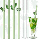 Meanplan 4 Pcs Reusable Glass Straws with Design, 8 mm x 7.9 Inches Cactus on Green Straws with Cleaning Brush for Smoothie Cocktail Juice Shakes Beverages