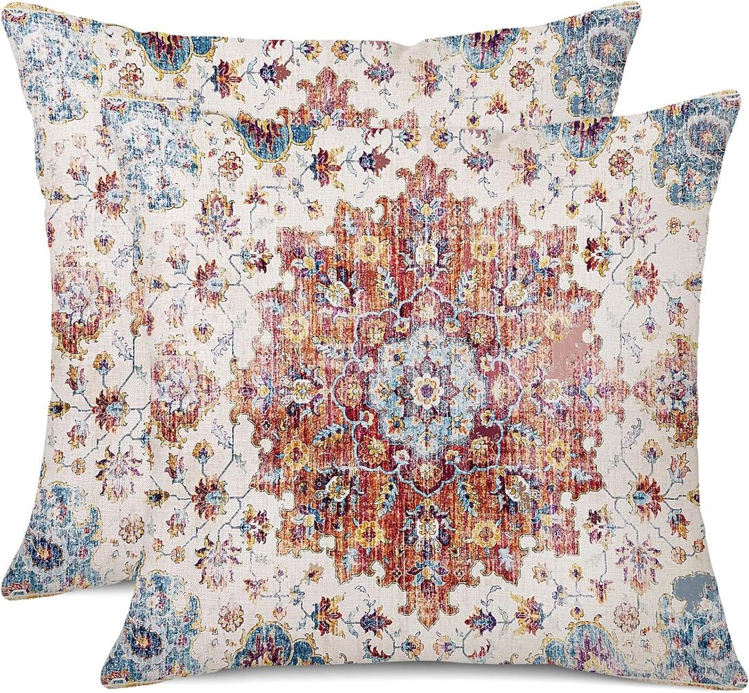 Outdoor Waterproof Pillow Covers - 18 X 18 Inch Set of 2 Blue Orange Bohemian Vintage Carpet Pattern Decorative Farmhouse Pillow Covers for Couch Garden Balcony