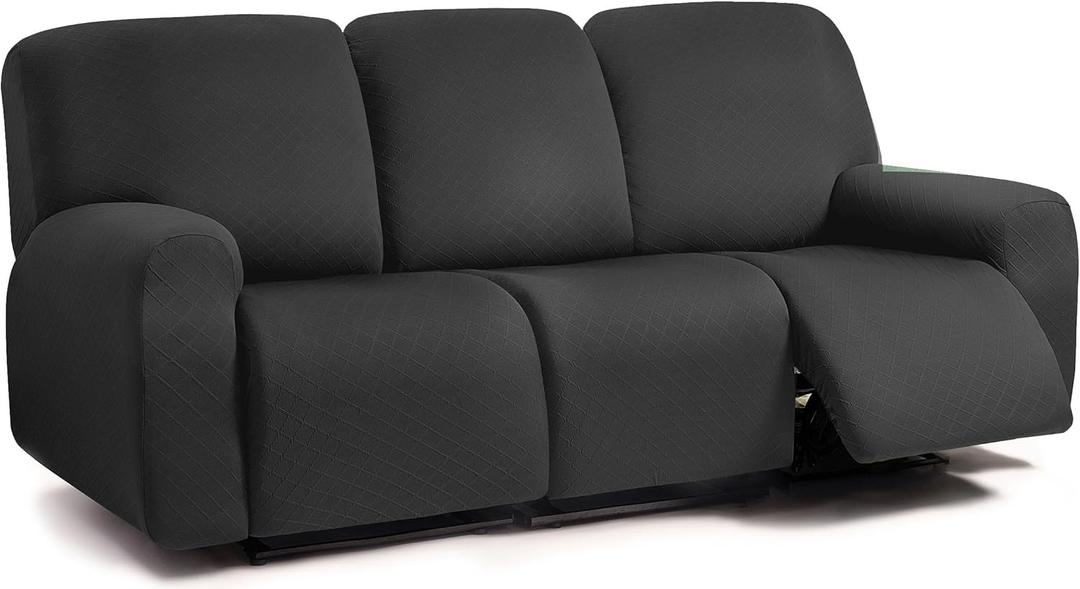 ULTICOR Squared Jacquard Design 8-Pieces Recliner Sofa Covers Stretch Reclining Couch Covers for 3 Cushion Reclining Sofa Slipcovers Thick Soft Washable (3 Seater Recliner Cover, Black)