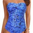 Yonique Womens Strapless One Piece Swimsuit Tummy Control Bandeau Bathing Suits Slimming Twist Front Swimwear (Medium, Blue Paisley)