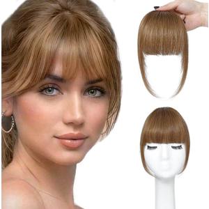 ELEFOCUS Clip in Bangs Real Human Hair 6# 100% Human Hair French Bangs Fake Bangs Hair Clip on bangs for women Fringe with Temples Hairpieces Curved Bangs for Daily Wear