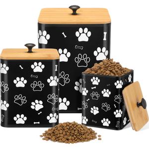 Airtight Dog Food Containers with Bamboo Lids, Metal Dog Treat Jars Canisters for Kibble, Biscuits, Snacks, Cookies, Pet Food Storage Set for Kitchen Counter Christmas Gift(Black)