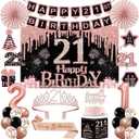 21st Birthday Decorations for Her Women,32PCS 21st Birthday Party Decorations,Including Backdrop, Crown, Sash, banner, Hanging Swirl,balloons,Cake Topper,Paper Fans and Anniversary Card