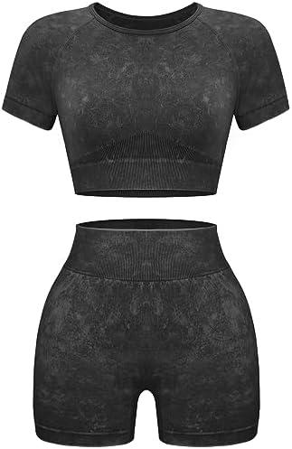 OLCHEE Womens Workout Sets 2 Piece - Seamless Acid Wash Yoga Outfits Shorts and Crop Top Matching Gym Athletic Clothing Set Large