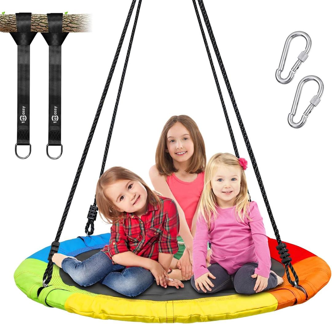 Trekassy 700lb 40 Inch Saucer Tree Swing for Kids Adults Outdoor 900D Oxford Waterproof with 2pcs Tree Hanging Straps, Steel Frame and Adjustable Ropes (Rainbow)