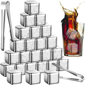 24 PCS Stainless Steel Ice Cubes,Reusable Metal Whiskey Stones,Refreezable Metal Chilling Rocks with 2Pcs Ice Tongs,for Whiskey Vodka Wine Juice Drinks Soda