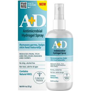 A+D Antimicrobial Hydrogel Spray  with Hypochlorous Acid, Removes Germs, Helps Heal Rashes & Irritations, Reduces Itch & Pain, Alcohol-Free, Non-Sting Formula, Safe for All Ages, 4oz