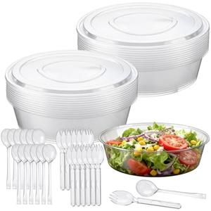 Nitial 12 Sets 160 oz Clear Plastic Serving Bowls with Lids Spoons Forks Extra Large Round Disposable Salad Bowls Plastic Candy Dishes Buffet Containers for Snack Chip Popcorn Punch Candy Bar Buffet