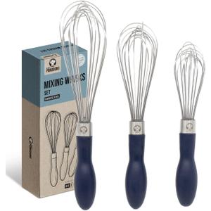 Chef Pomodoro 3-Piece Kitchen Whisk Set, Stainless Steel Whisks for Cooking, Wisk Kitchen Tool, Thick Wire Whisk Set, Wisking Tool for Cooking, Blending, Whisking, Beating and Stirring