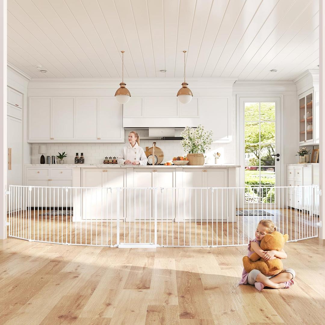 190" Extra Wide Baby Gate Playpen, Adjustable Baby Fence Play Yard, Long Dog Gates Indoor for Stair Doorway Fireplace, Large Child Gate for Toddler Kid Pet, Family Essentials Safty Gate, White