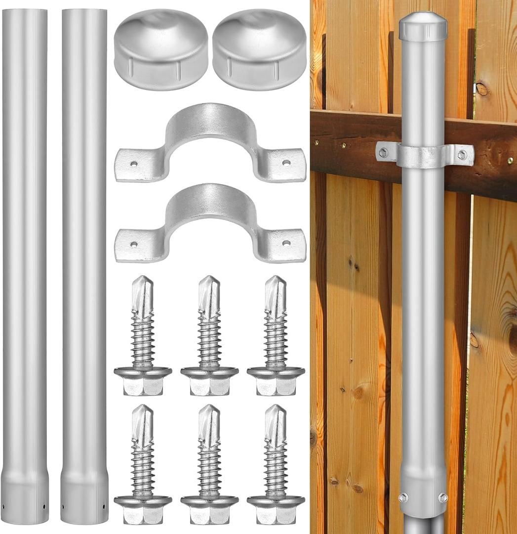 Hicarer 2 Pack 2-3/8" Od Fence Height Extender 24" Metal Fence Post Extender Chain Link Fence Extension Galvanized Fence Post, Includes Dome Caps Grip Ties and Screws